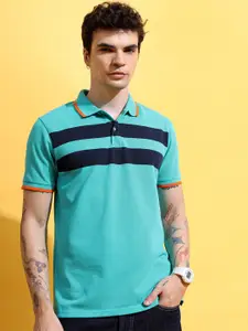 HIGHLANDER Sea Green Striped Polo Collar Slim Fit T-shirt