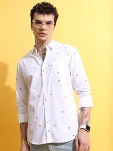 HIGHLANDER White Slim Fit Conversational Printed Cotton Casual Shirt