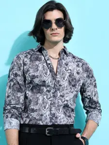 HIGHLANDER Grey Slim Fit Abstract Printed Cotton Casual Shirt