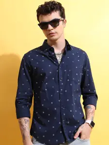 HIGHLANDER Navy Blue Slim Fit Conversational Printed Cotton Casual Shirt