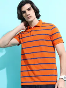 HIGHLANDER Orange Striped Polo Collar Slim Fit T-shirt