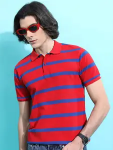 HIGHLANDER Red & Blue Striped Polo Collar Slim Fit Casual T-Shirt