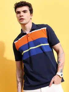 HIGHLANDER Navy Blue Striped Polo Collar Slim Fit T-shirt