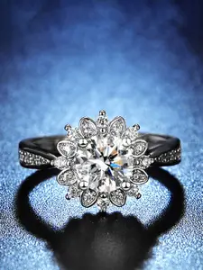 Jewels Galaxy Silver Plated American Diamond Studded Floral Solitaire Finger Ring