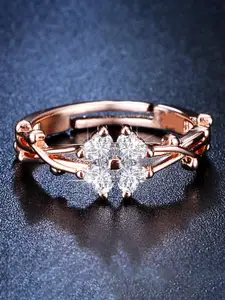 Jewels Galaxy Rose Gold Plated AD Studded Floral Adjustable Finger Ring