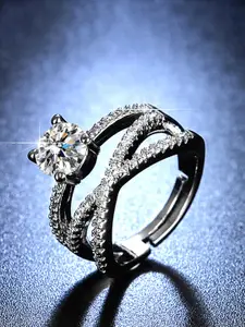 Jewels Galaxy Silver Plated American Diamond Studded Adjustable Finger Ring