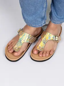 THE MADRAS TRUNK Women Leather Printed Open Toe Flats With Buckle Detail