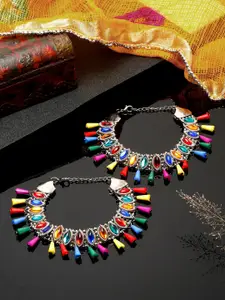 Sangria Pink Blue & Silver-Plated Stone-Studded Anklets