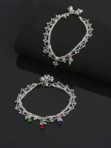 Sangria Set of 2 Silver-Plated Stone-Studded Anklets
