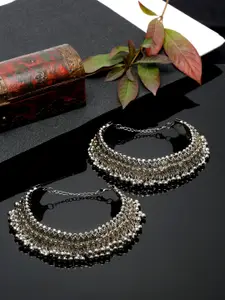 Sangria Set Of 2 Silver-Plated Stone Studded & Beaded Anklets