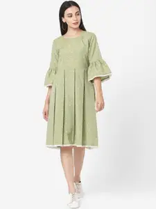 Saanjh Green Geometric Printed Bell Sleeves Pleated Silk A-Line Dress