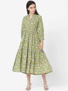 Saanjh Green Floral Printed Cotton A-Line Dress