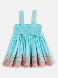 United Colors of Benetton Girls Cotton Smocked Schiffli Embroidered A-Line Dress