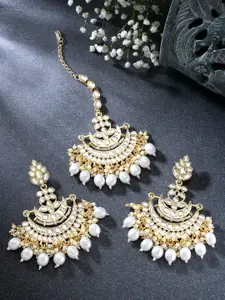 Peora Women Gold-Plated Kundan & Pearl Studded Maang Tikka with Earrings