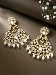 Peora Gold-Plated Pearl & Kundan Studded Contemporary Chandbalis
