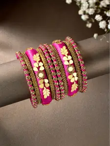 Peora Women 10Pcs Gold-Plated Stones Studded Bangles Set