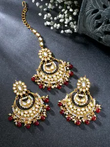 Peora Women Gold-Plated Kundan & Pearl Studded Maang Tikka with Earrings