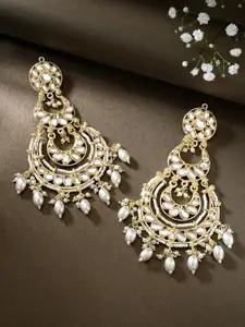 Peora Gold-Plated Pearl & Kundan Studded Contemporary Chandbalis