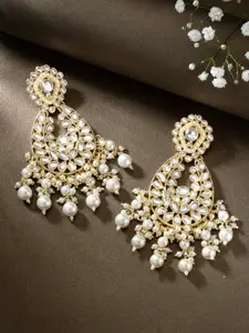 Peora Gold-Plated Pearl & Kundan Studded Contemporary Chandbalis