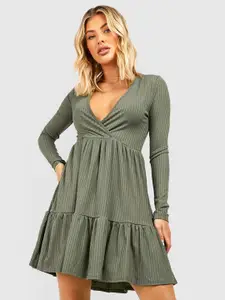Boohoo Ribbed Tiered Faux Wrap Dress