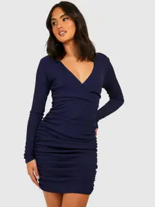 Boohoo Ribbed Ruched Detail Wrap Style Dress