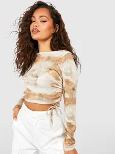 Boohoo Printed Boat Neck Ruched Crop Top