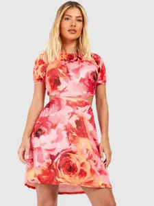 Boohoo Floral Print Puff Sleeve A-Line Mini Dress