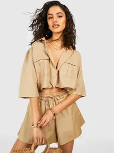 Boohoo Twisted Cotton Shirt Style Boxy Crop Top