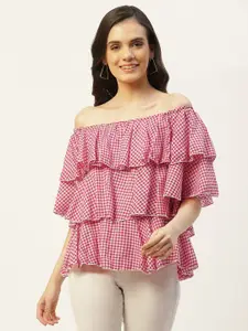 Belle Fille Checked Off-Shoulder Bell Sleeve Layered Cotton Top
