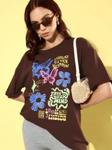 DressBerry Graphic Printed Drop-Shoulder Sleeves Pure Cotton Oversized T-shirt