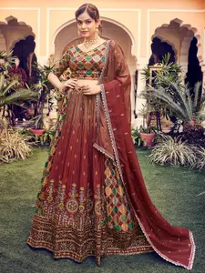 ODETTE Printed Thread Work Semi-Stitched Lehenga & Unstitched Blouse With Dupatta