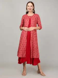 The Mom Store Khilta Gulab Fit & Flare Maternity Dress With Printed Shrug