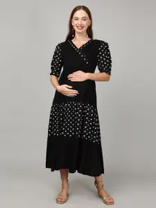 The Mom Store Black Lotus  Floral Printed Cotton Fit & Flare Maternity Dress