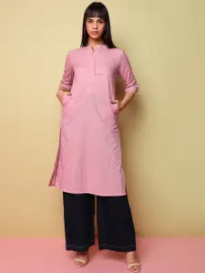 Indifusion Women Floral Embroidered Cotton Band Collar A-Line Kurta