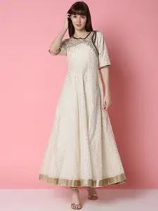 Indifusion Polka Dot Printed Embroidered Panelled A-Line Ethnic Dress
