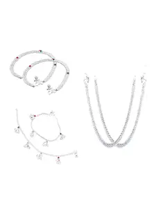 RUHI COLLECTION Set Of 3 Silver-Plated Stone-Studded Anklets