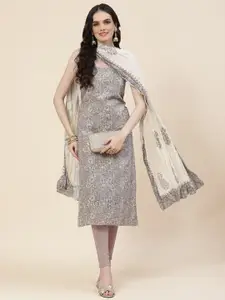 Meena Bazaar Floral Printed Thread Work Unstitched Dress Material