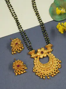 GRIIHAM Gold-Plated Stone-Studded & Beaded Mangalsutra With Earrings