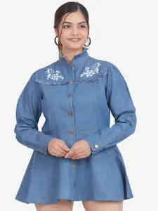 SUMAVI-FASHION Denim Gathred Or Pleated Cotton Shirt Mini Dress