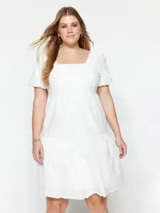 Trendyol Plus Size Square Neck Puff Sleeve Schiffli Pure Cotton A-Line Dress