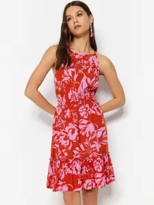 Trendyol Floral Print Halter Neck Fit & Flare Dress