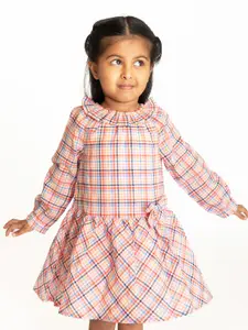 Campana Girls Knee Length Long Sleeves Drop-Waist Checked Cotton Dress