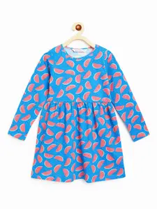 Campana Girls Long Sleeves Knee Length Fit and Flare Printed Cotton Dress