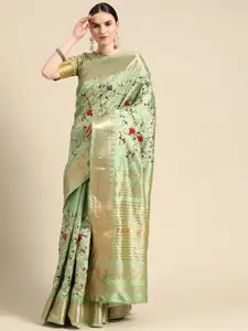 Mitera Green & Red Floral Embroidered Silk Cotton Saree
