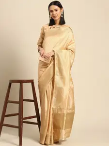 Mitera Cream-Coloured & Gold-Toned Woven Design Zari Silk Cotton Saree