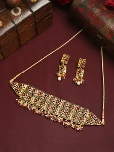 Anouk Gold-Plated Red Stones-Studded & Beaded Necklace & Earring