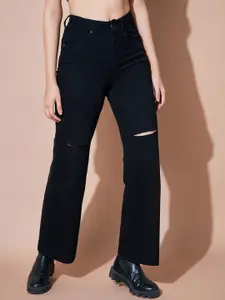 SASSAFRAS BASICS Women Straight Fit High-Rise Slash Knee Stretchable Jeans