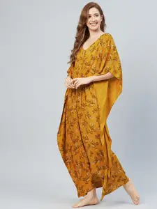 The Snug Studio Mustard Yellow Floral Printed Kaftan Maxi Nightdress