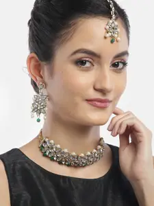 Anouk Gold-Plated Stone-Studded & Beaded Necklace & Earring & Maang Tika