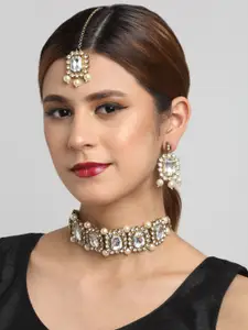 Anouk Gold-Plated White Stone Studded & Beaded Necklace & Earring